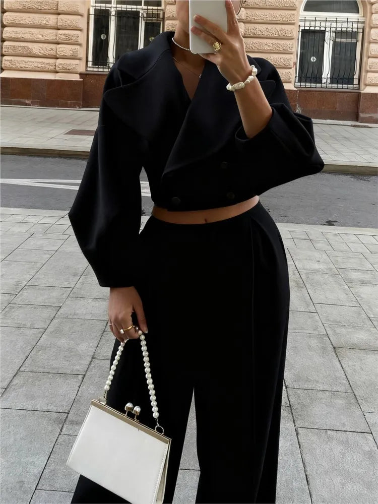 Women's Solid Lapel Woolen Top Wide Leg Pants Set