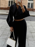 Women's Solid Lapel Woolen Top Wide Leg Pants Set