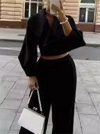 Women's Solid Lapel Woolen Top Wide Leg Pants Set