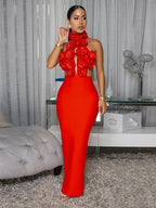 Women's Flower Halter Neck Long Sleeve Evening Party Dress 31801