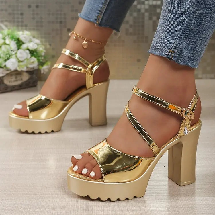 Women's Square Heel Gladiator Pumps Diamond Buckle Platform Sandals