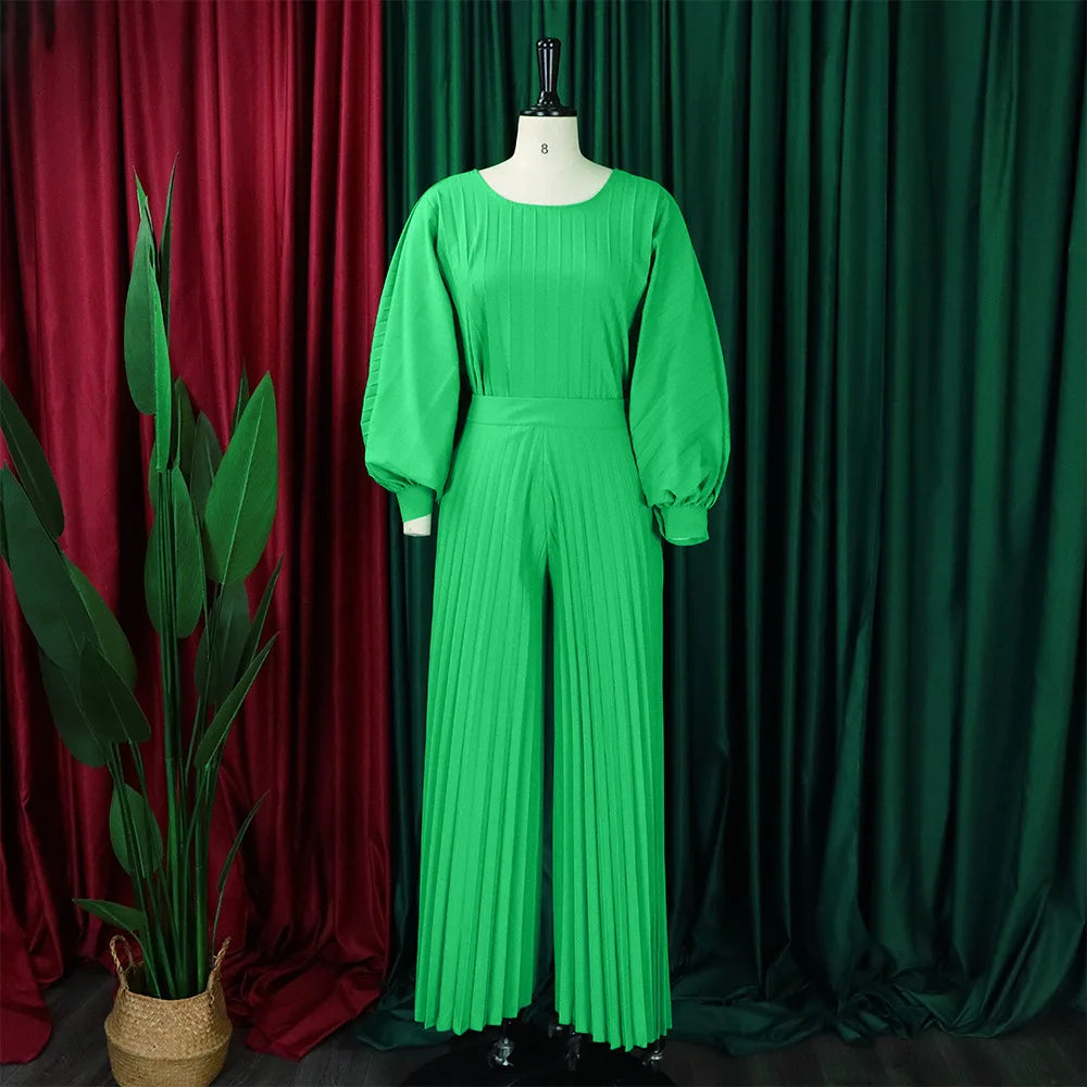 Women's Pleated Batwing Sleeve Wide Leg Pants Set