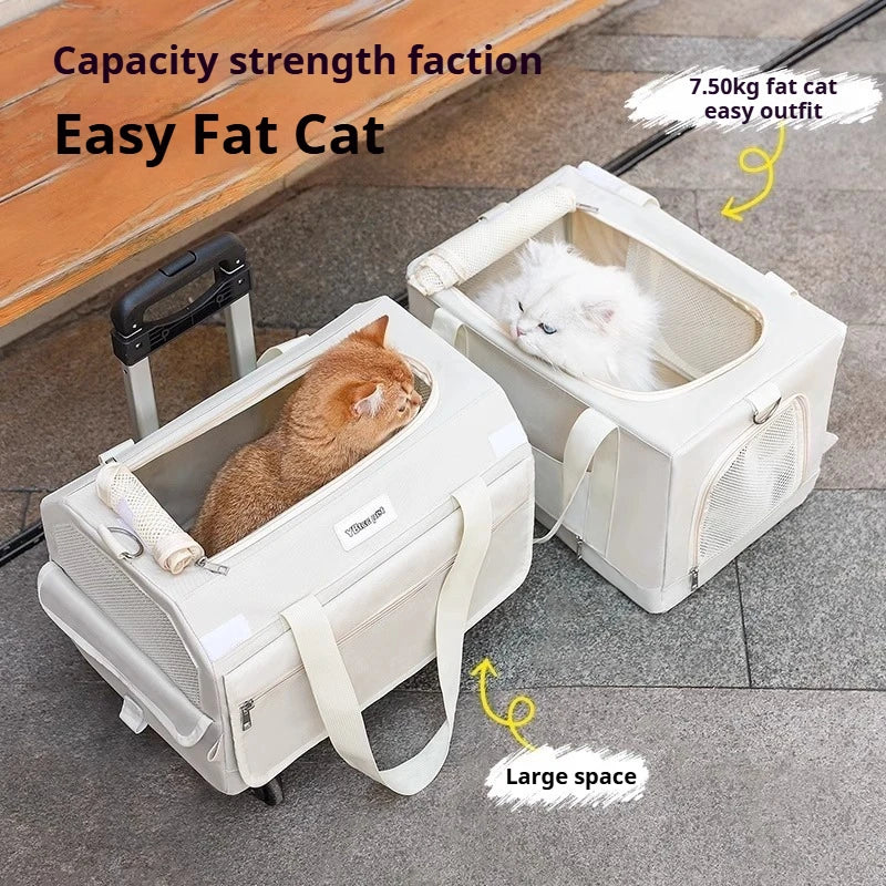 Foldable Double-Layer Pet Carrier with Wheels Breathable Travel Trolley for Two Cats