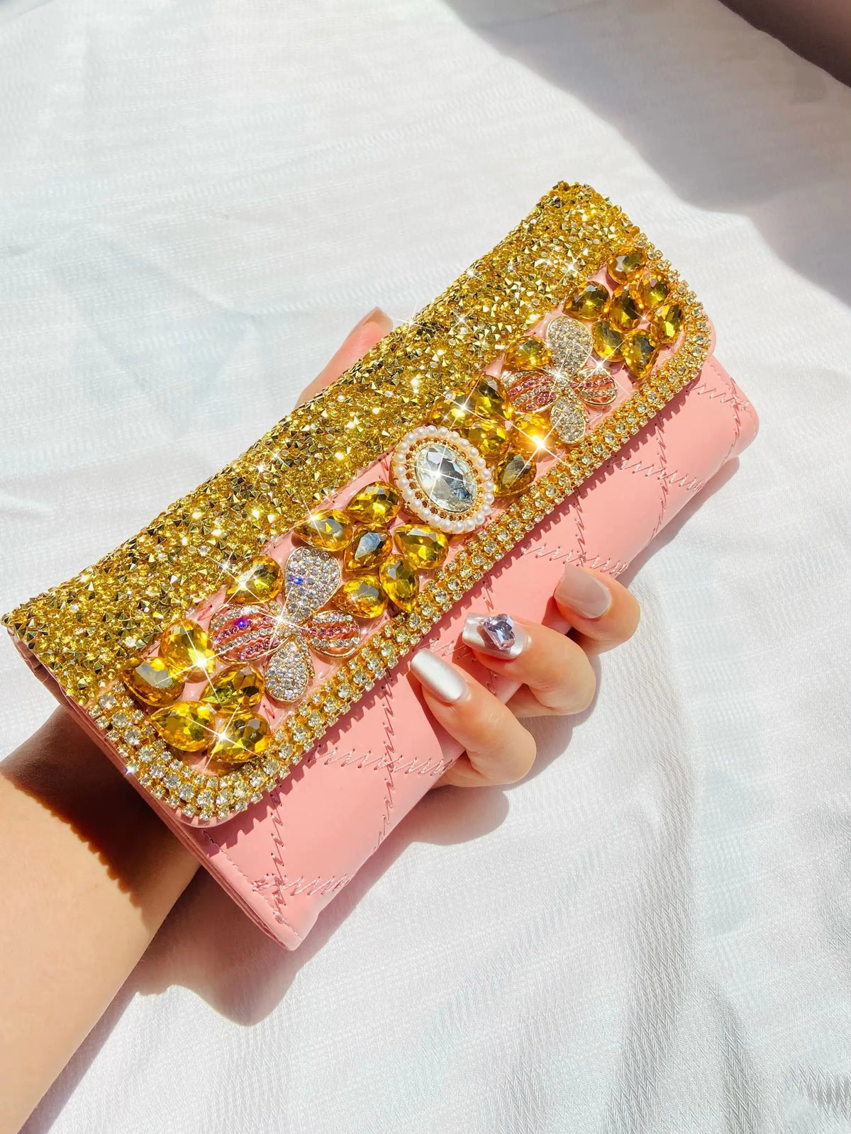 Sparkling Rhinestone Women's Evening Wallet Floral Pattern Pink
