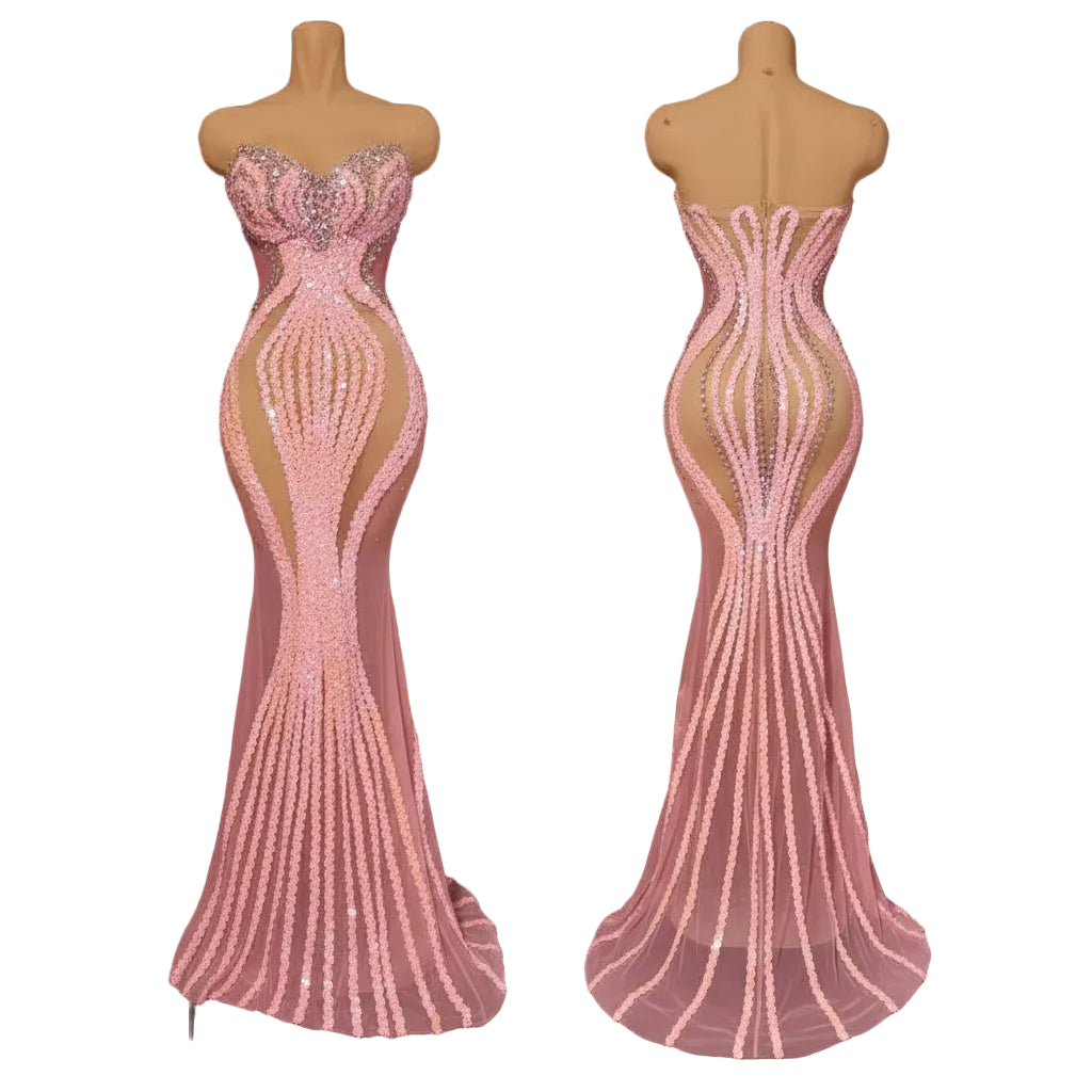 Women's Sexy Mesh Sequins Crystal Stage Performance Maxi Dress