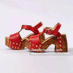 Women's Studded Wooden Block Heel Platform Sandals