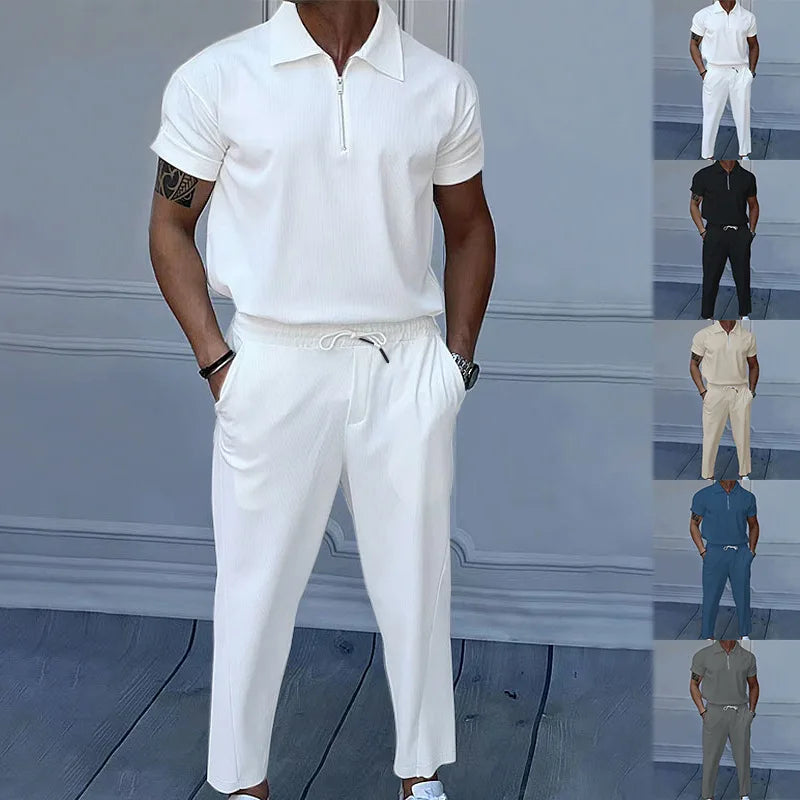 Men's Solid Color Lapel Short Sleeve Zipper Trouser Suit