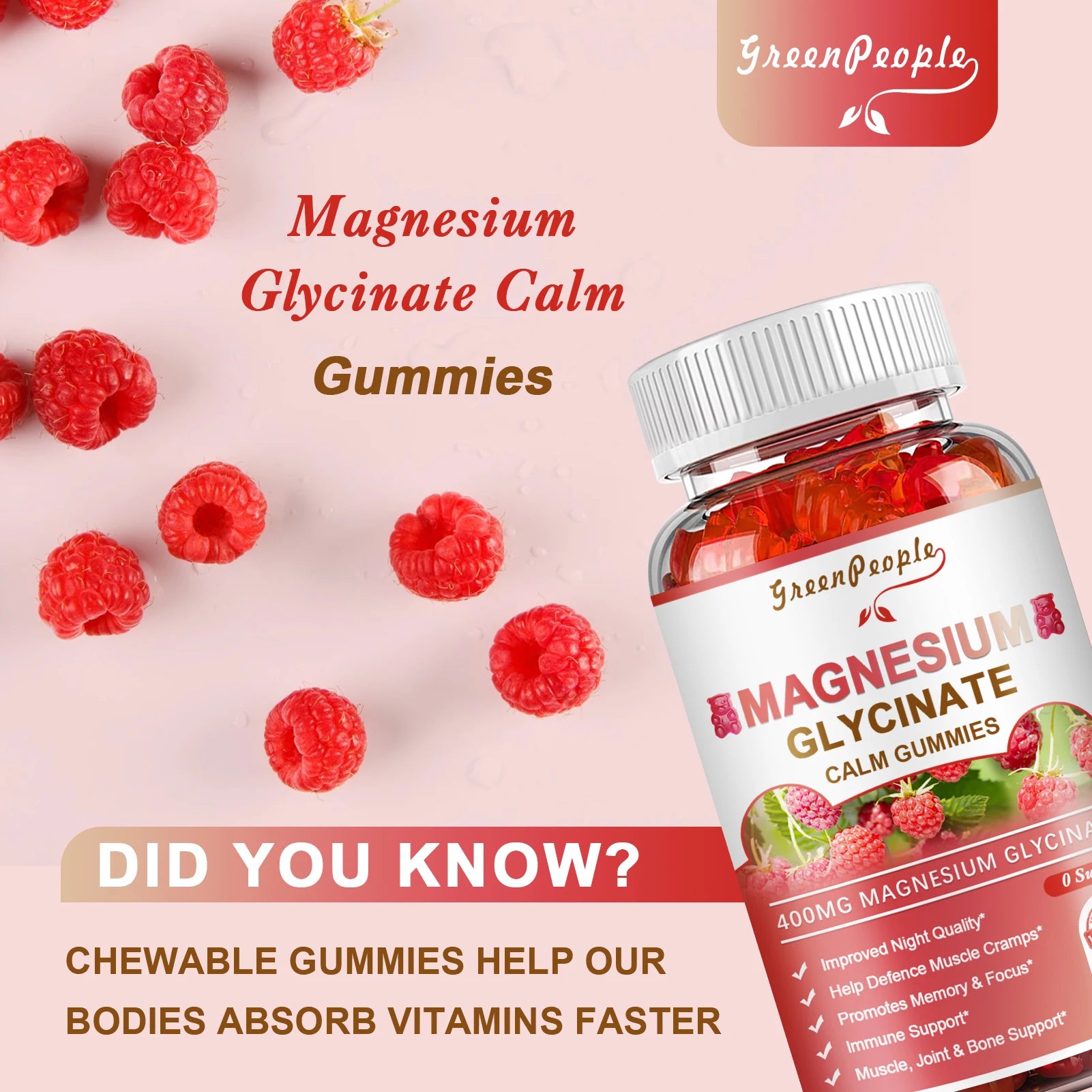 Magnesium Glycinate Gummies with Vitamin D, B6, CoQ10 Raspberry 60ct