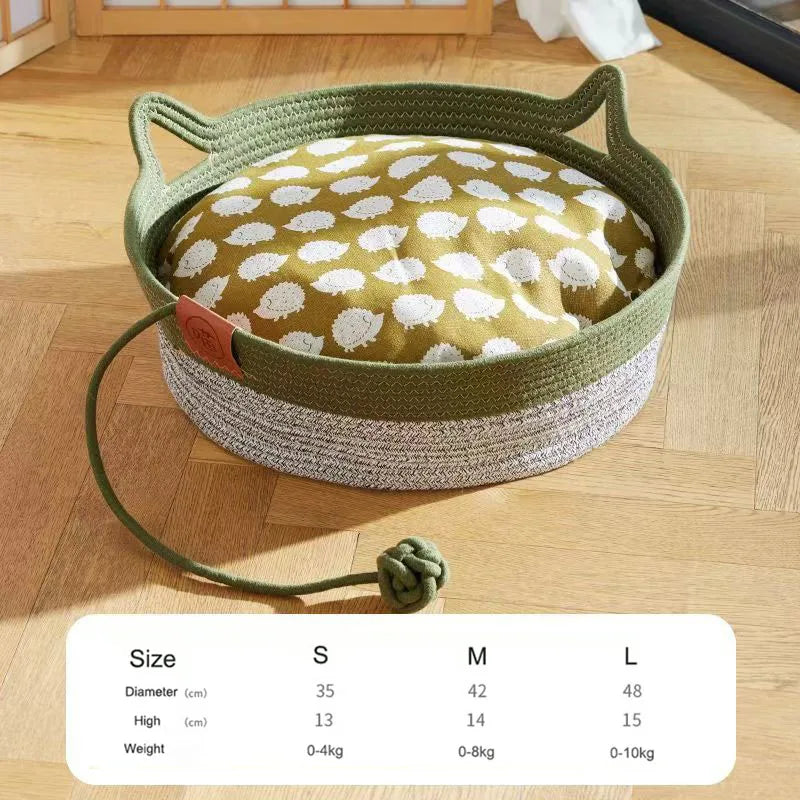Handwoven Rattan Round Cat Bed Cooling Summer Basket with Cushion