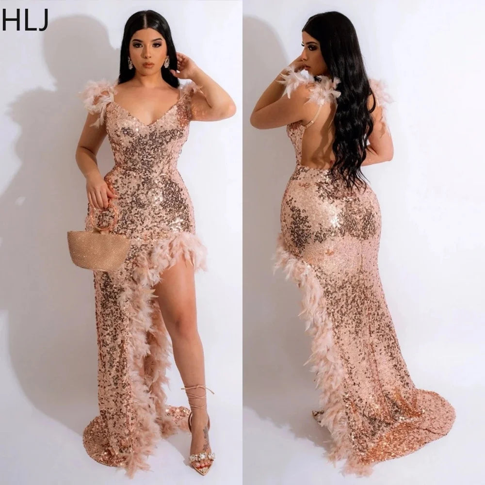 Women's Sequined Feather High Slit Backless Maxi Dress