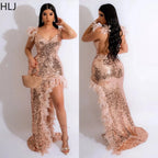 Women's Sequined Feather High Slit Backless Maxi Dress