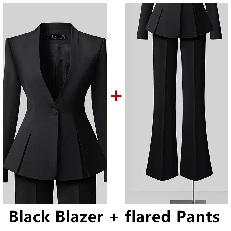 Women's Solid Long Sleeve Blazer Flare Pants Suit