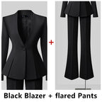 Women's Solid Long Sleeve Blazer Flare Pants Suit