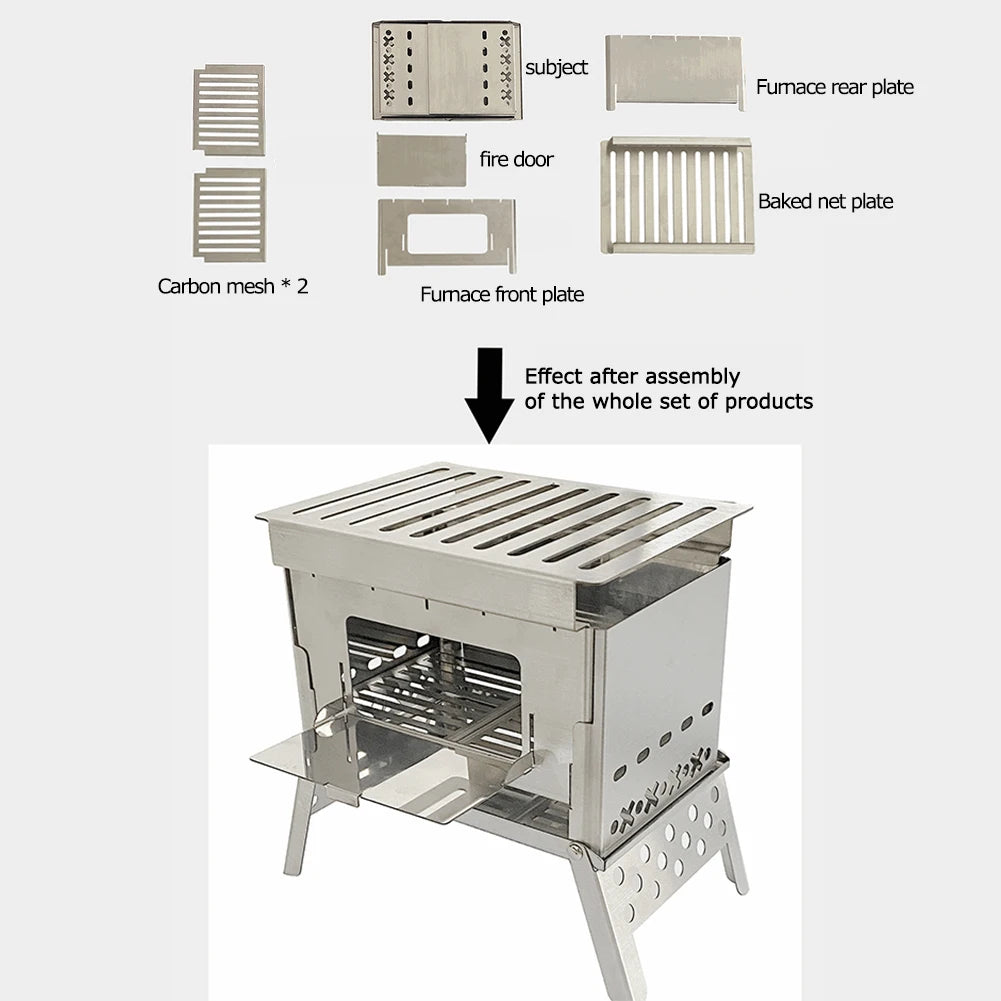 Portable Folding Camping BBQ Grill Stove with Wood Burner