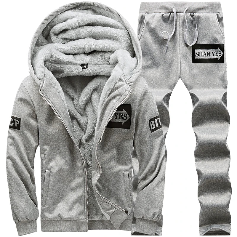 Men's Casual Plush Thickened Hoodie and Pants Two Piece Tracksuit Set