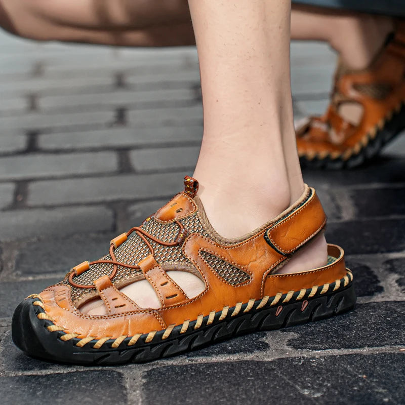 Men's Breathable Mesh Leather Sandals Closed Toe Outdoor Beach Shoes