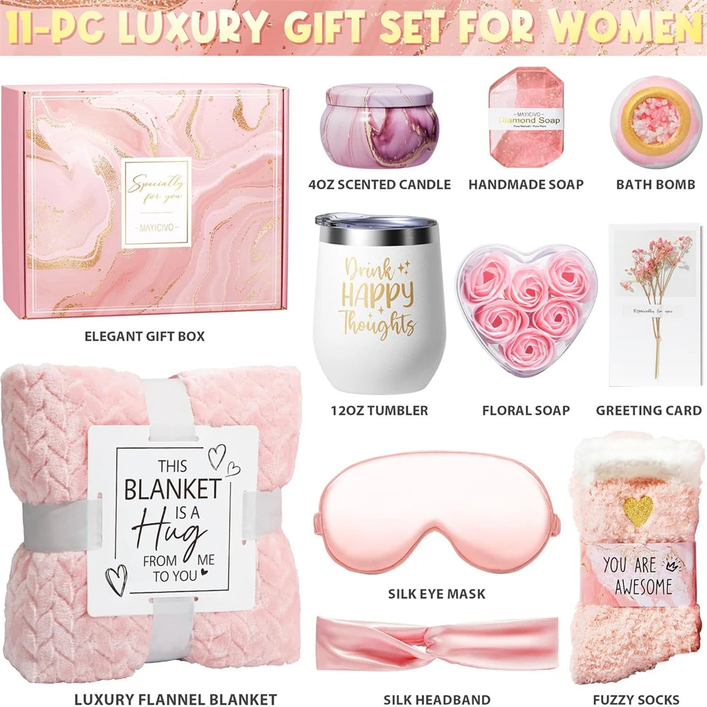 Happy Birthday Gift Basket for Women with Blanket Tumbler and Spa Set