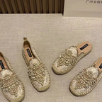 Women's String Bead Half Slippers Pearl Hemp Cotton Fabric Lace Slides