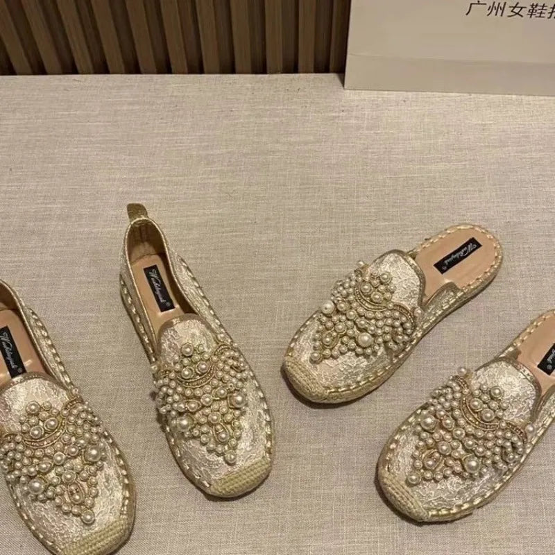 Women's String Bead Half Slippers Pearl Hemp Cotton Fabric Lace Slides