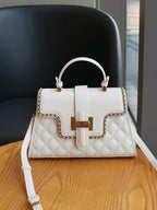 Women's Rhombic Embroidery Leather Handbag