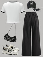 Girls' Letter Print Colorblock Top Wide Leg Pants Two-Piece Set
