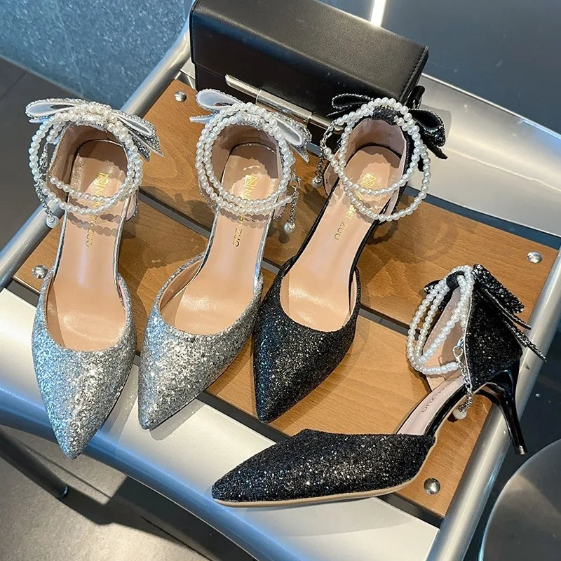 UETEEY Women's Elegant Sequin Bow Pointy Toe High Heels