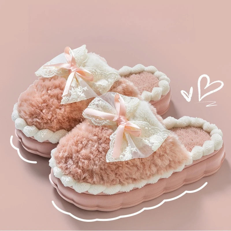 Women's Plush Bow Slippers Non-Slip Winter Indoor House Shoes
