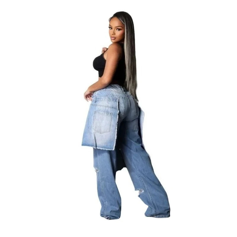Women's Vintage High Waist Ripped Cutout Denim Jeans Pants