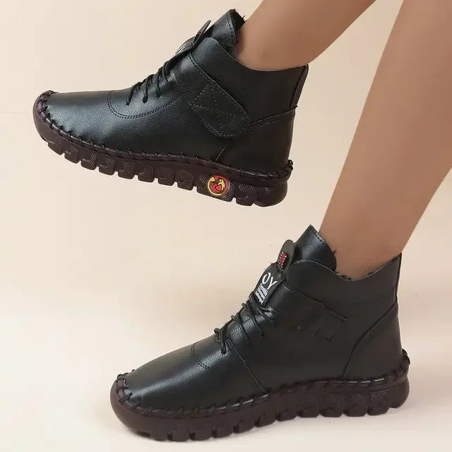 Women's Winter Flat Ankle Boots Short Plush Lining Round Toe Hook & Loop