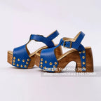 Women's Studded Wooden Block Heel Platform Sandals