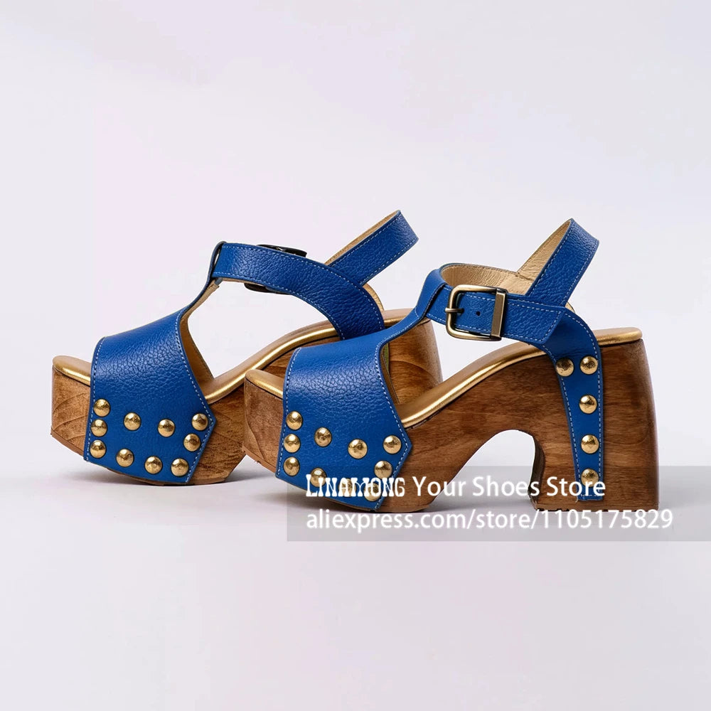 Women's Studded Wooden Block Heel Platform Sandals