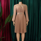 Women's V Neck Pleated Belted Mid Calf Dress
