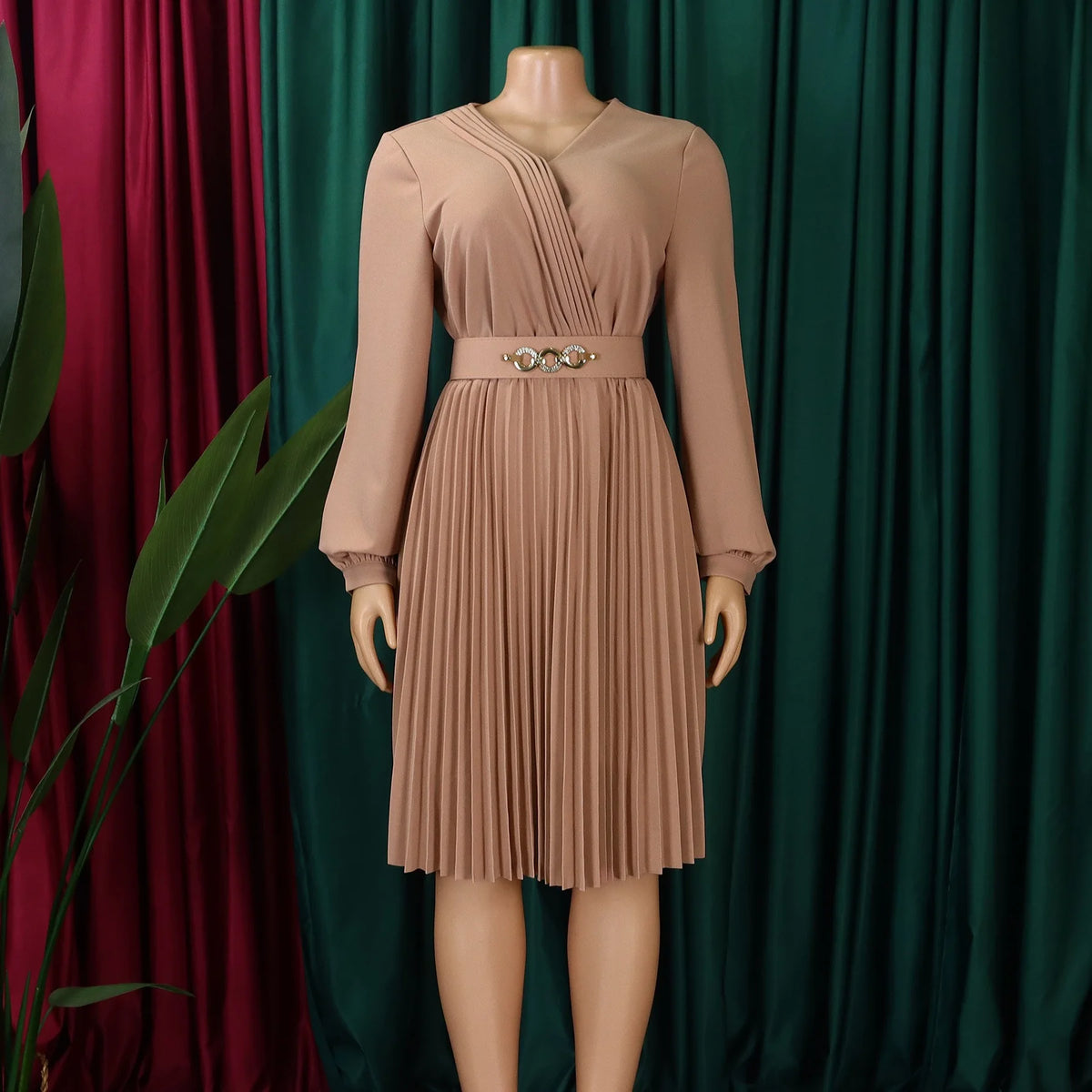 Women's V Neck Pleated Belted Mid Calf Dress