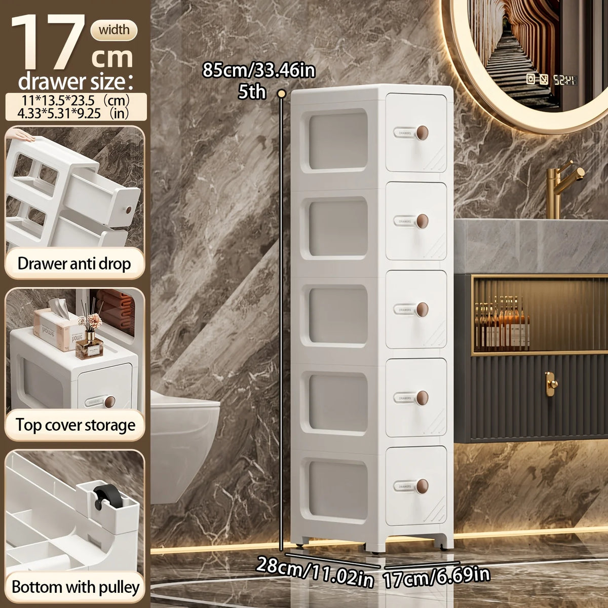 Narrow Space Storage Cabinet with Drawers for Kitchen and Bathroom
