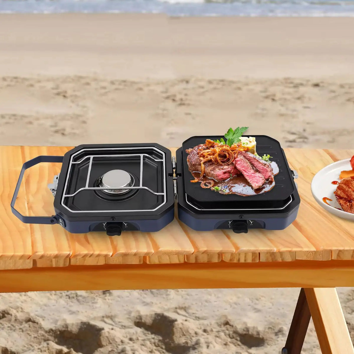 Folding 2-Burner Camping Gas Stove with Non-Stick Grill Pan