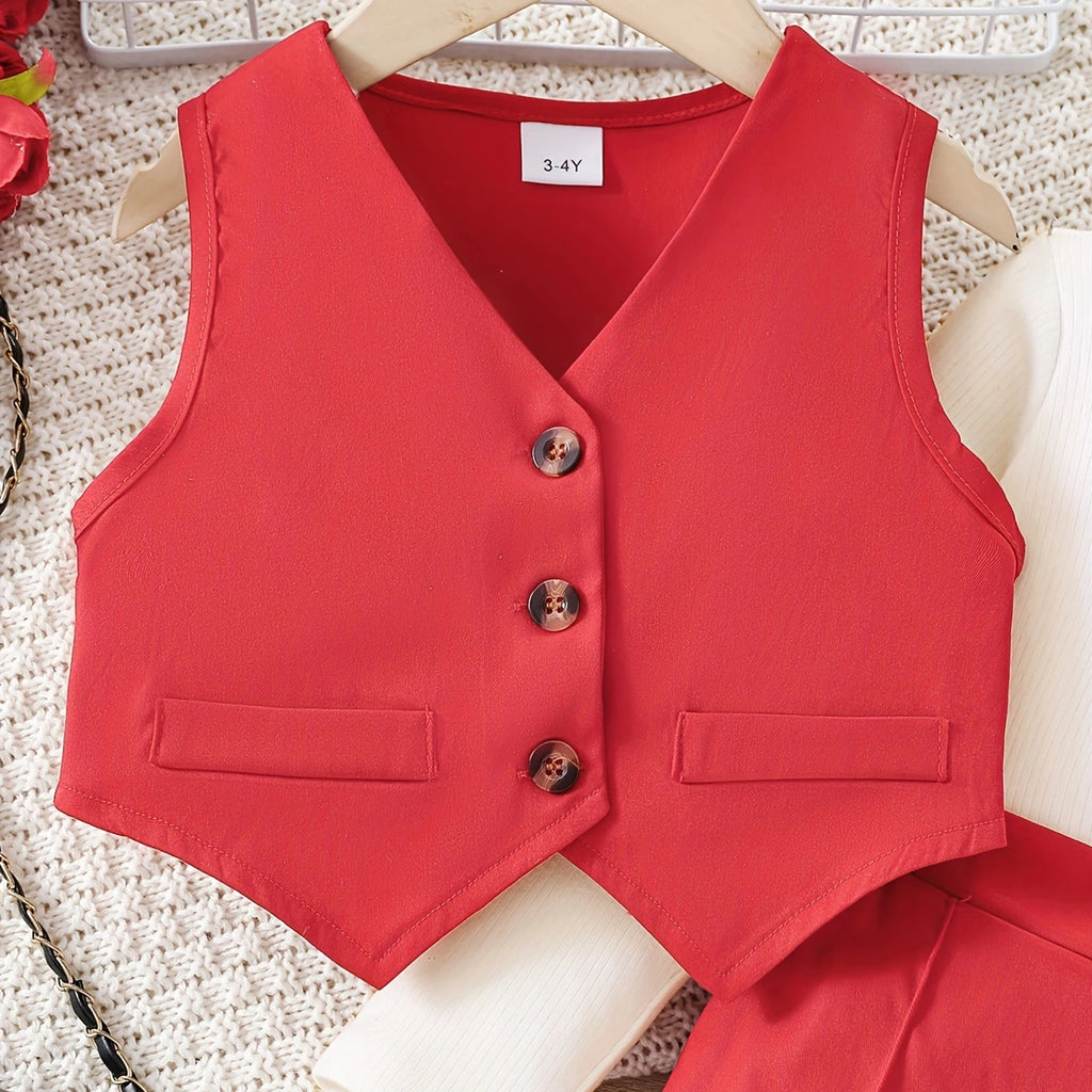 Girls' Solid Long Sleeve Tops Waistcoat Wide Leg Pants Three-Piece Set