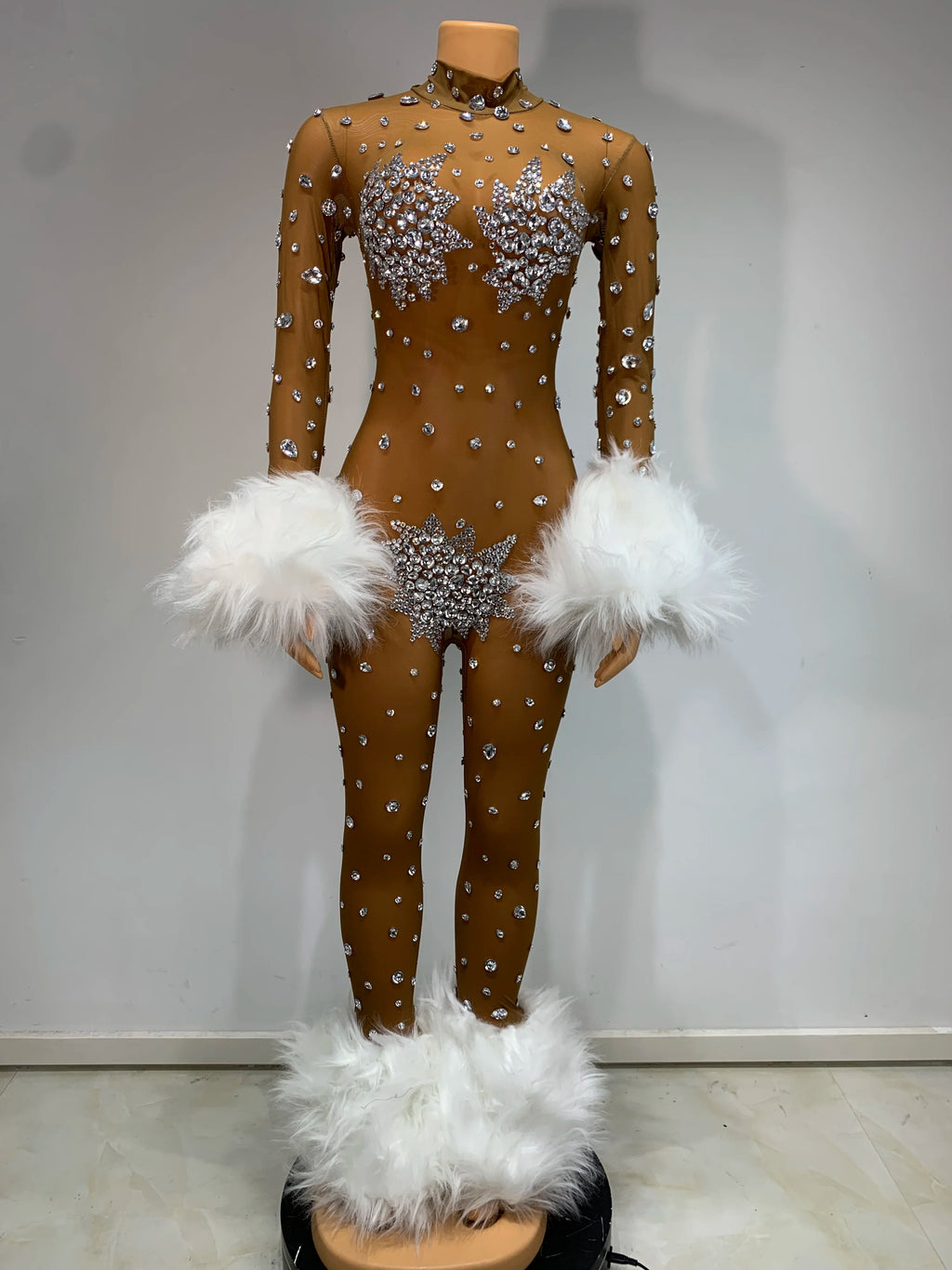 Women's Rhinestone Feather Mesh Jumpsuit