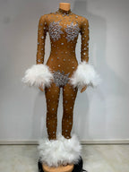 Women's Rhinestone Feather Mesh Jumpsuit