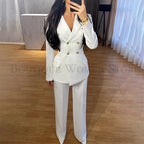 Women's Double Breasted Topcoat Blazer Pants Suit