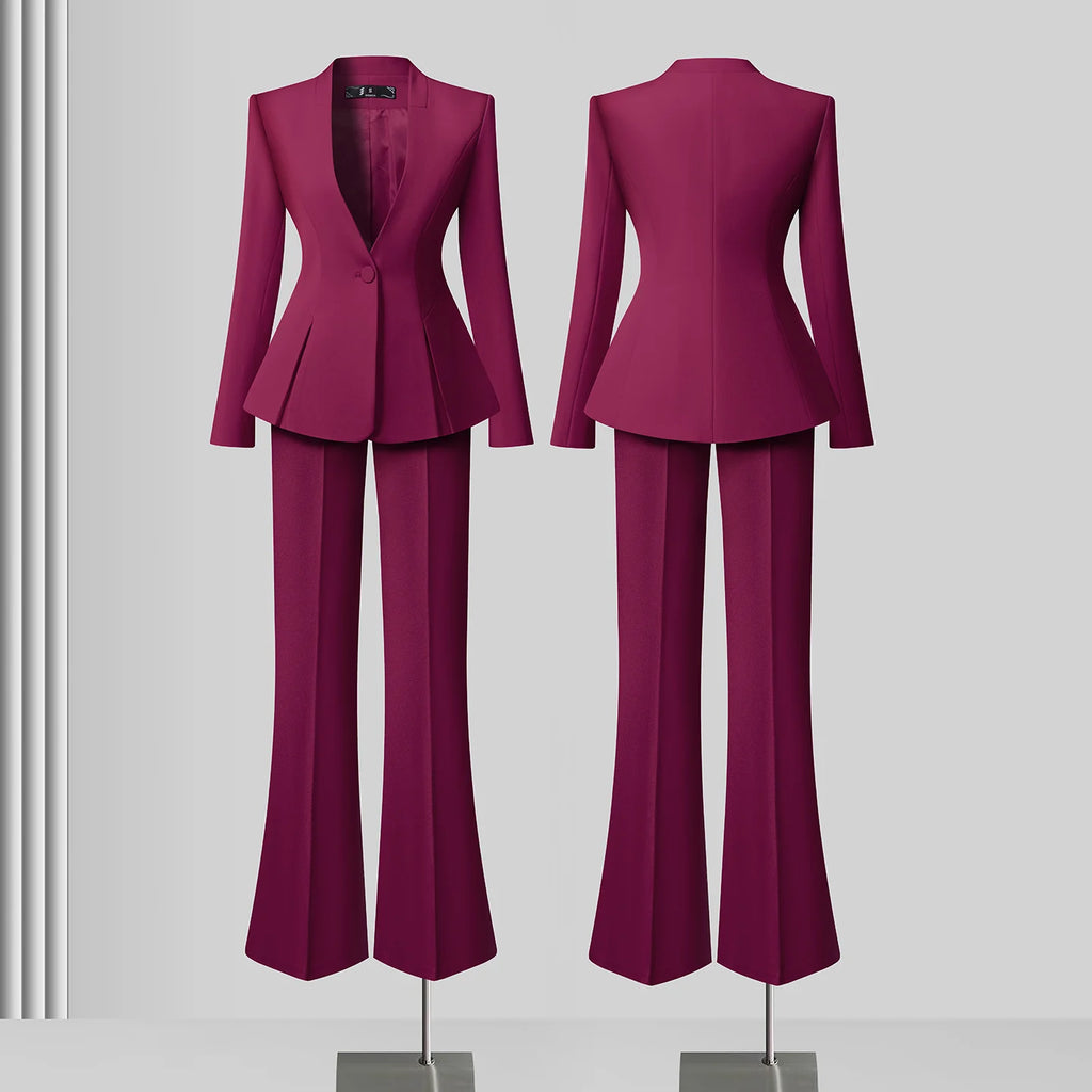 Women's Solid Long Sleeve Blazer Flare Pants Suit