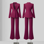 Women's Solid Long Sleeve Blazer Flare Pants Suit