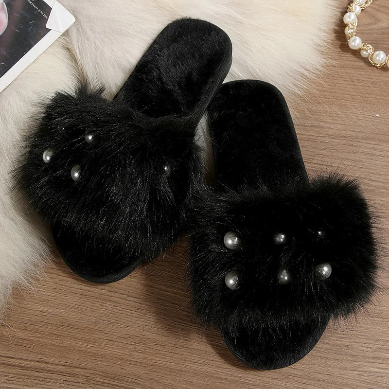 Women's Faux Fur Pearl Slippers Open Toe Plush Home Slides
