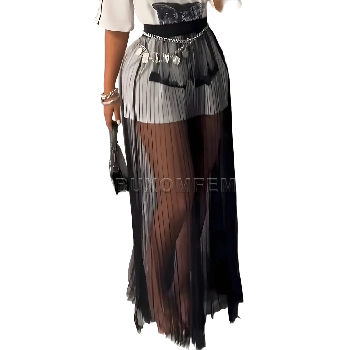 Women's Single-Layer Mesh Maxi Skirt Slim Fit Sheer Black