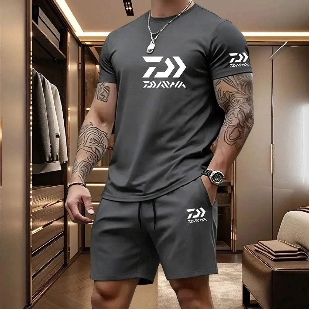 Men's Casual Round Neck T-Shirt and Drawstring Shorts Set