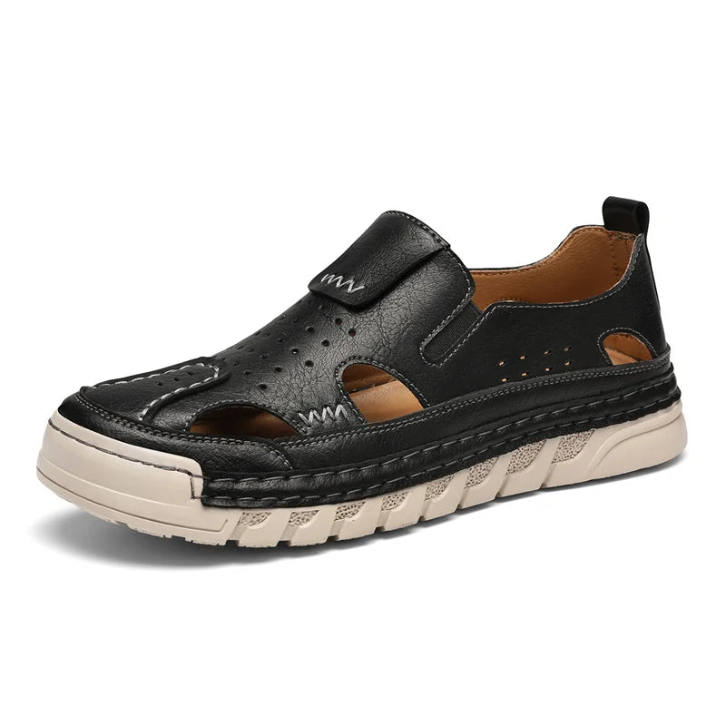 Men's Hand-Sewn Leather Sandals for Daily Outdoor Comfort Rubber Sole