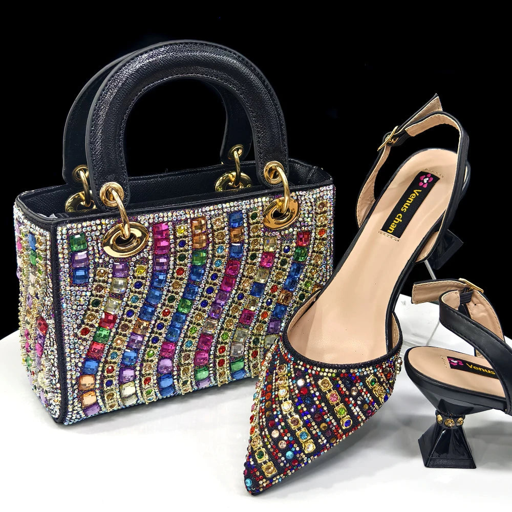 Women's Pointed Toe Rhinestone Heels and Handbag Set