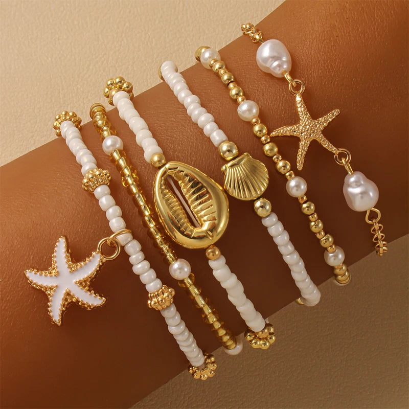 Women's Fashion Bohemian Shell Starfish Stacked Pearl Bead Bracelet Set