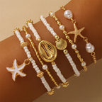Women's Fashion Bohemian Shell Starfish Stacked Pearl Bead Bracelet Set