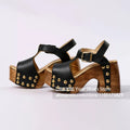 Women's Studded Wooden Block Heel Platform Sandals