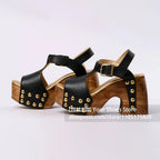 Women's Studded Wooden Block Heel Platform Sandals